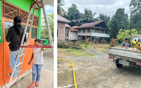 Tampak proses pemasangan Penerangan Jalan Umum di Desa Pompengan Tengah oleh masyarakat desa. Tampak pula proses pemasangan tiang listrik di sepanjang jalan Dusun Samarenda dan Samarenda Utara.